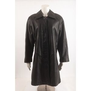 IzzI Izzi Womens Leather Jacket Coat Mid Length Black S Small button front EUC